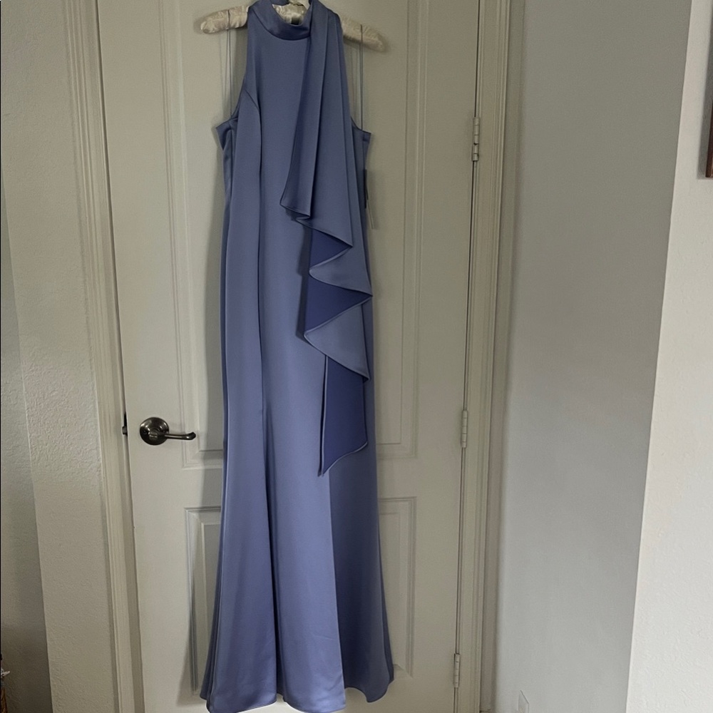 NWT Aidan Mattox Halter Ruffle Satin Wisteria Gown. Sz 2 and Sz 4 available